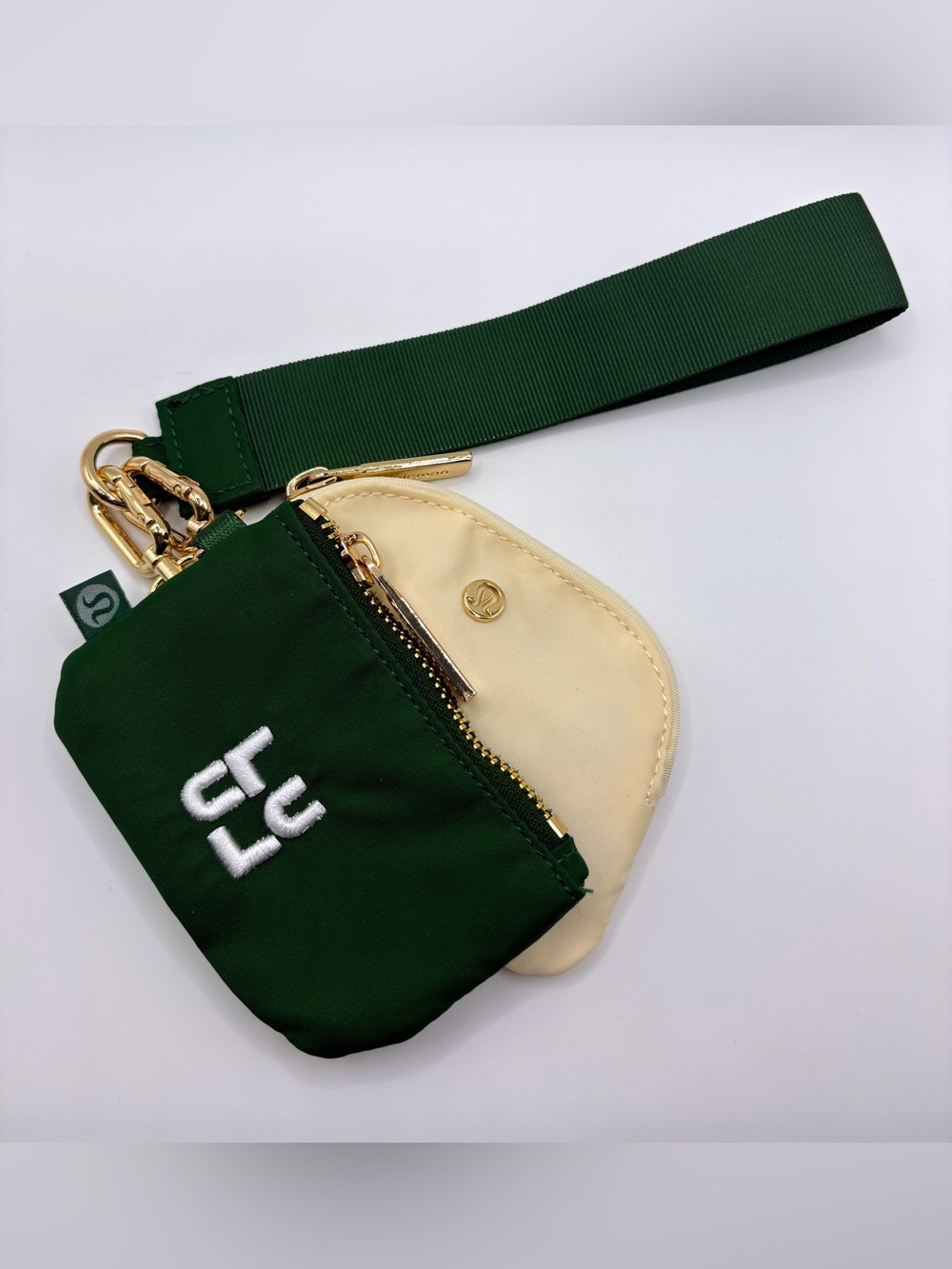 NWOT Lululemon Dual Pouch Wristlet ‘Ivy Grove/Light Ivory/Gold Hardware’